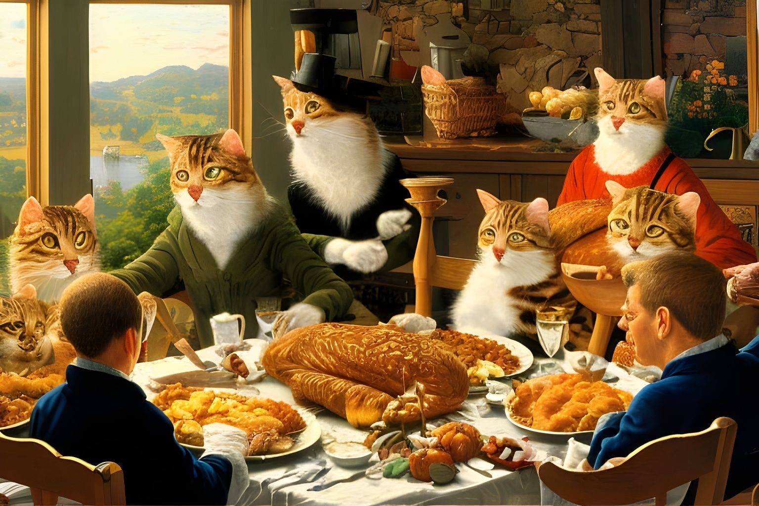 Anthropomorphic Cats Thanksgiving Feast in Folk Art Style