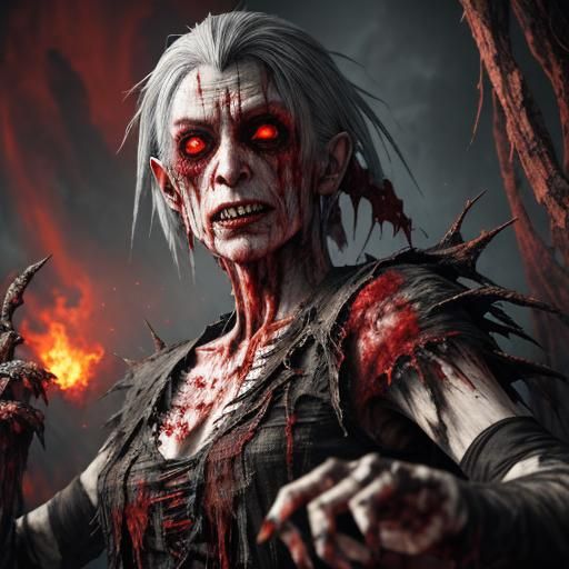 a creepy gory evil creepy ugly old vampire with torn clothing wrapped around her withered body with blood shooting from...