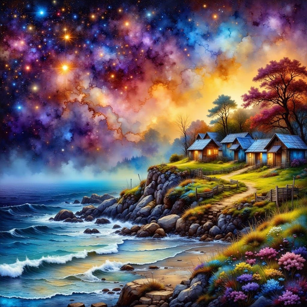 Cosmic Ocean Mist Over Cliffs and Beach Huts