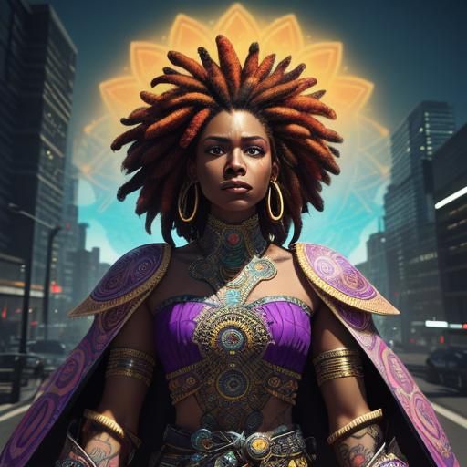 Afro-Futuristic Woman in Vibrant Cityscape: 3D Render