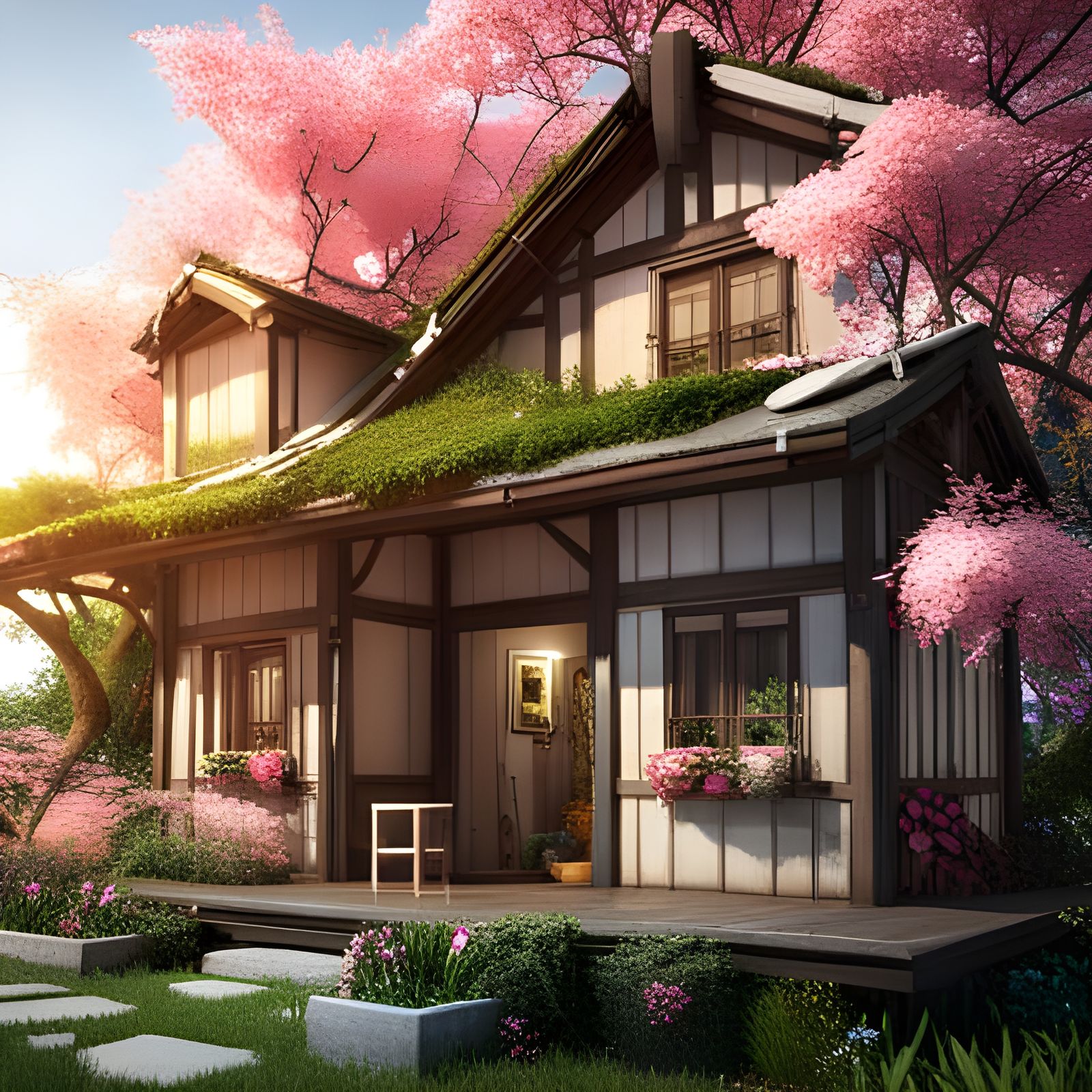 Sakura House in Cherry Blossom Tree: 3D Octane Render