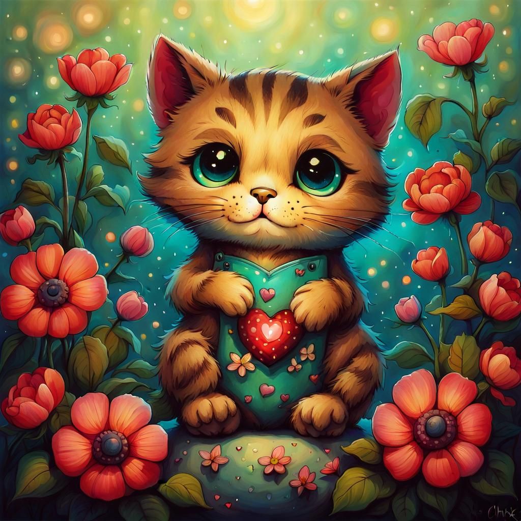 Cute Cat Surrounded by Flowers in Whimsical Style