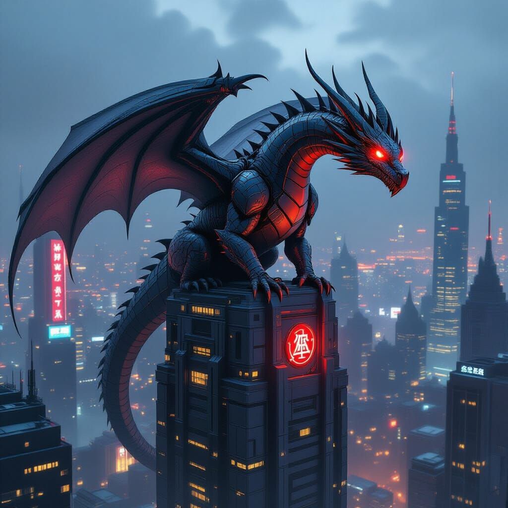 Cyberpunk Dragon Perched Atop Futuristic Skyscraper