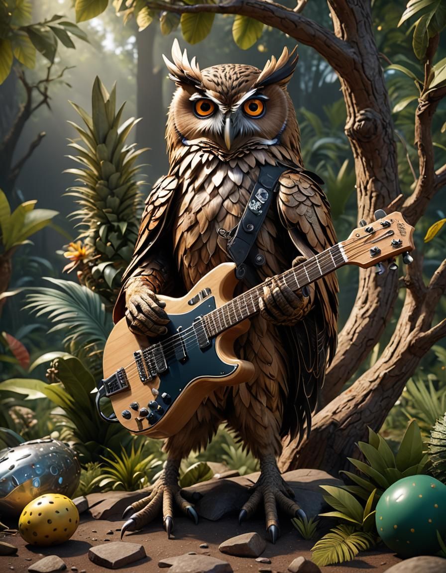 Rockstar Owl Guitarist in Detailed 3D Rendering