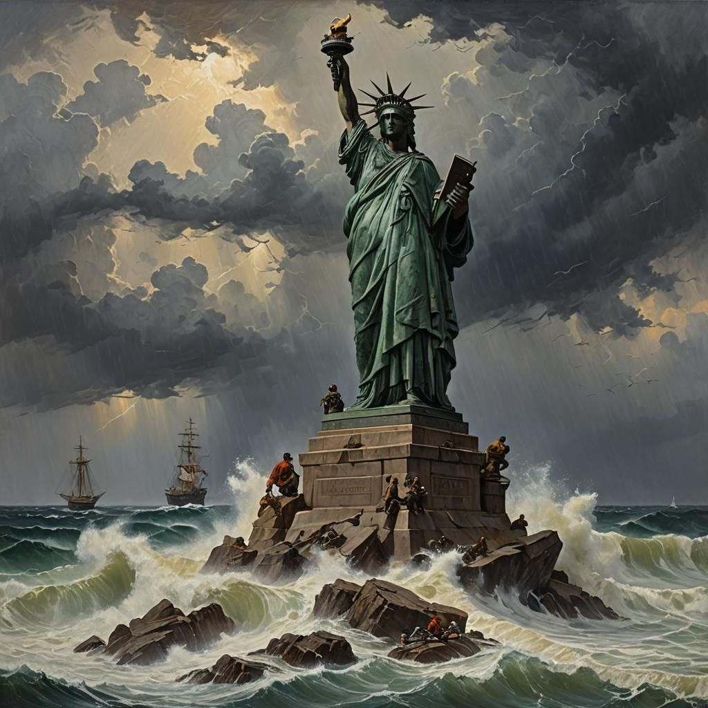 Statue of Liberty Submerged at Sea: Oil Painting