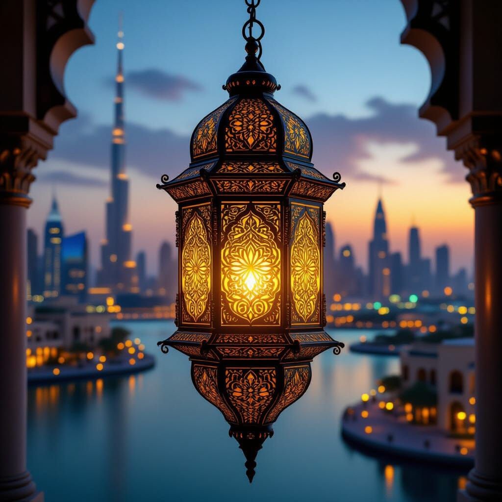 Arabic Lantern Reflecting Dubai Skyline: Hyperrealistic Art