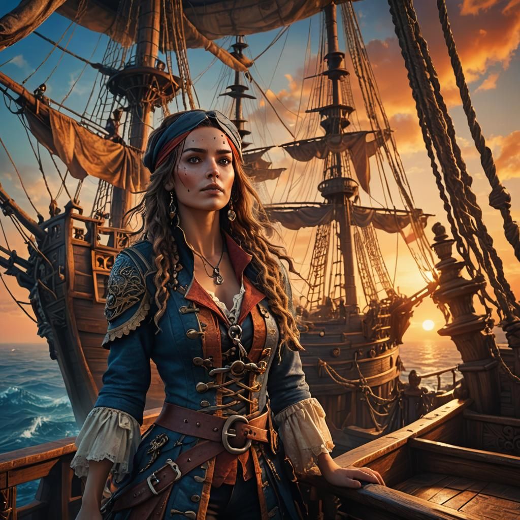 Pirate Girl Gazing at Sunset: Fantasy Matte Painting