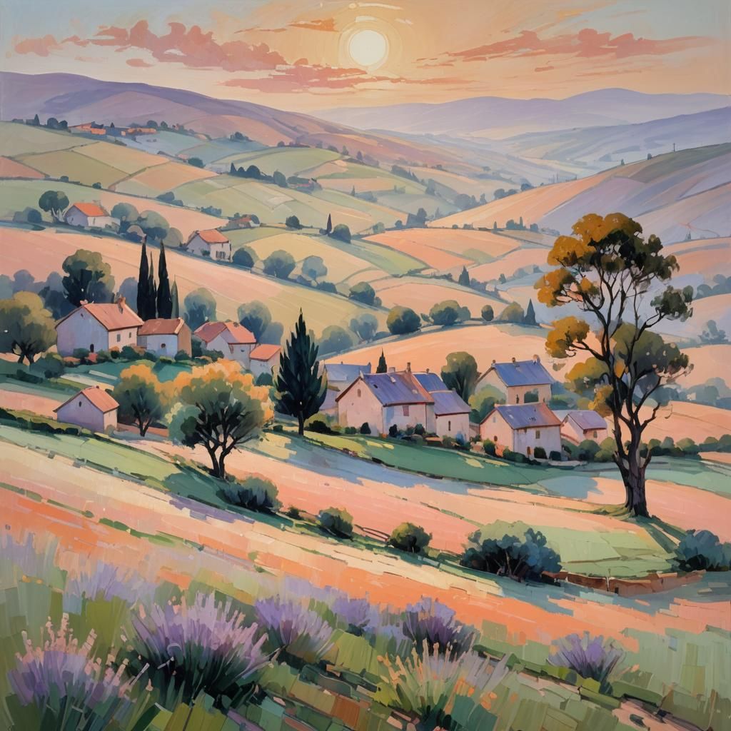 Impressionist Sunrise Over Village with Rolling Hills