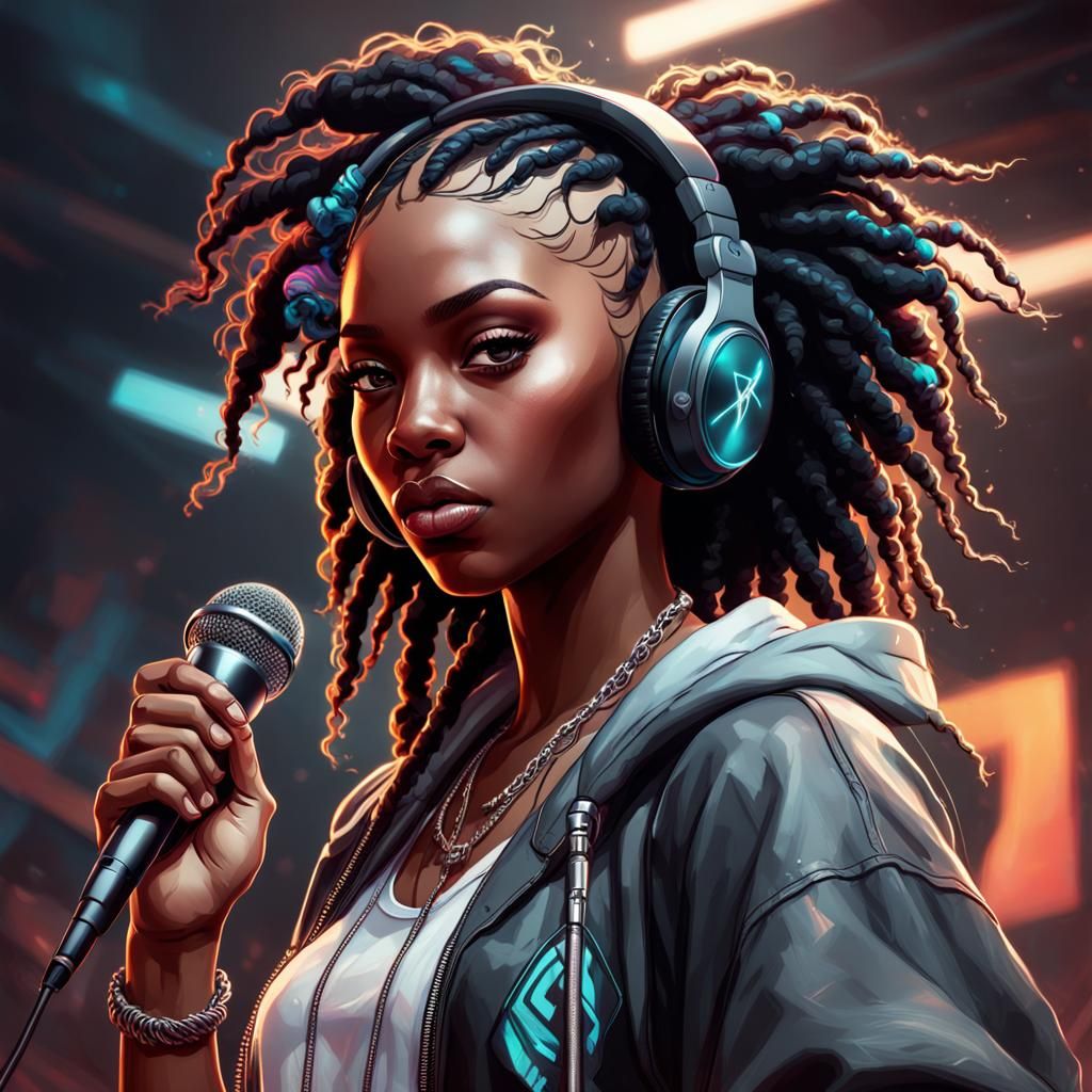Hyperdetailed Portrait of Hip-Hop Girl with Microphone