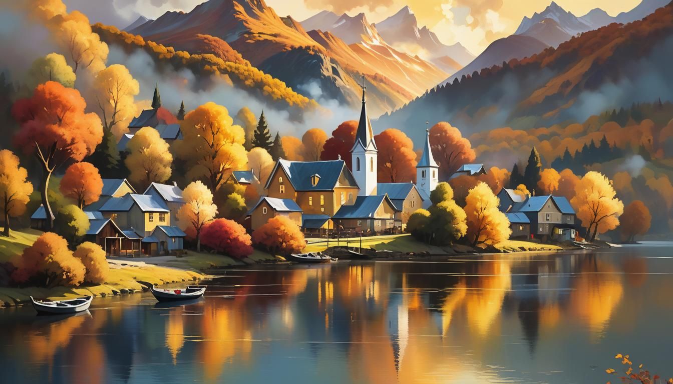 Idyllic Village Scene in Impressionistic Fractal Style