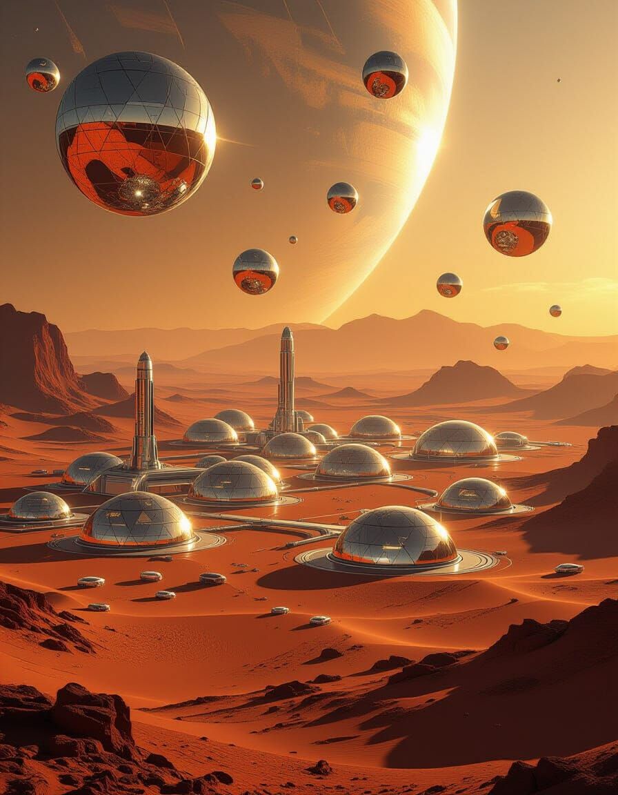 Futuristic Martian Colony Under a Reflective Mirror Sky