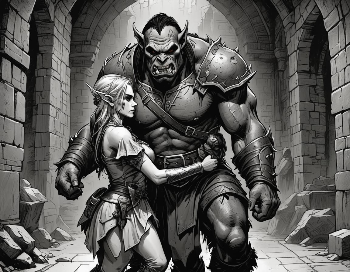 Orc and Elf in Dungeon: Comic Book Sketch