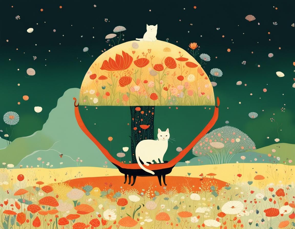 Cat in Flower Meadow, Inspired by Classic Illustration