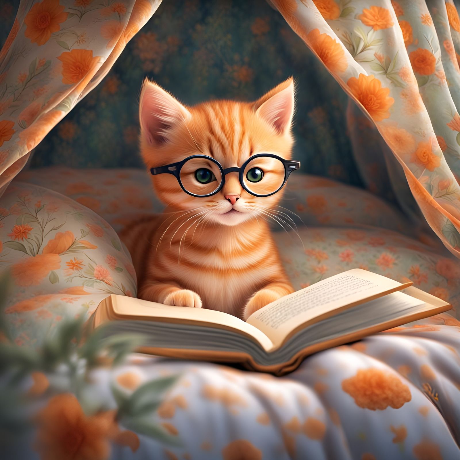 Cute Kitten Reads Book in Canopy Bed