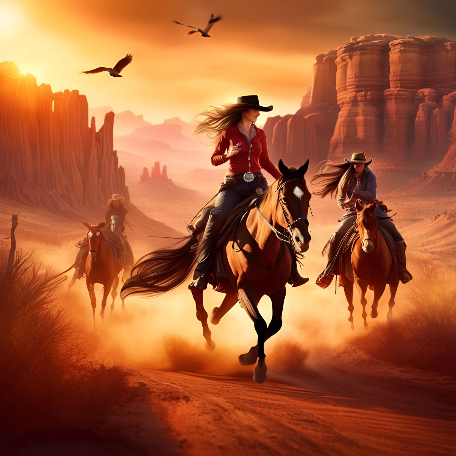Cowgirl and Cowboy Ride into Sunset: Western Scene
