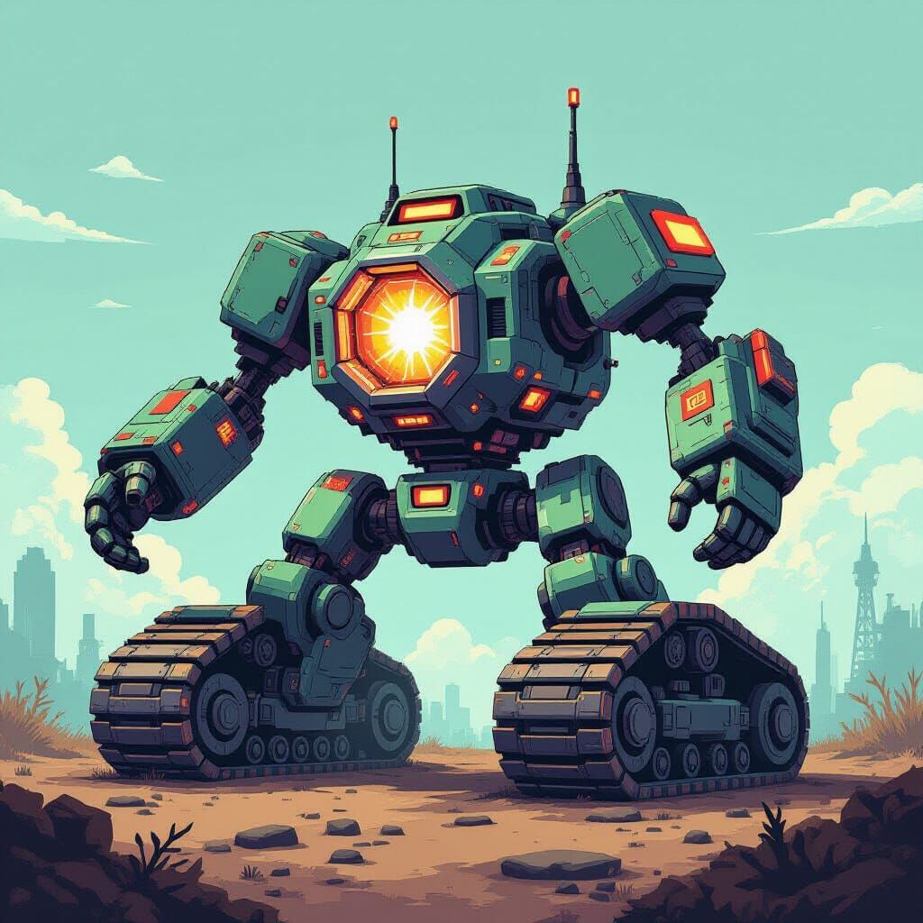 Retro Pixel Art Combat Robot With Saw and Minigun