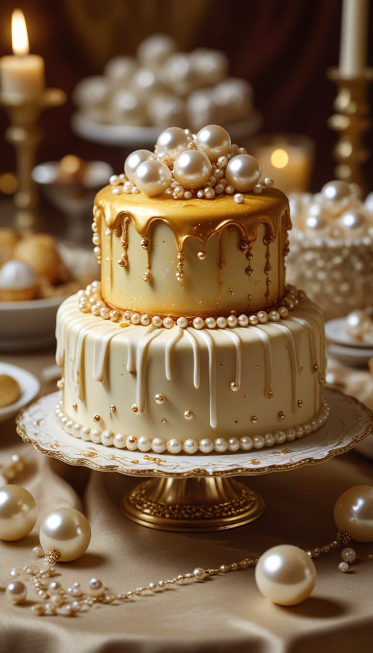 Baroque Cake with Pearls Still Life as Oil Painting