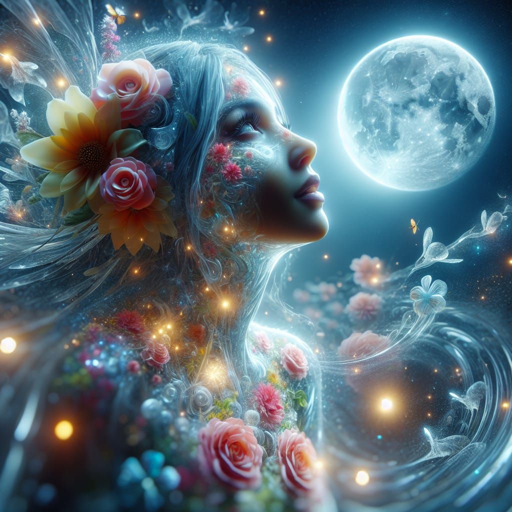 Crystalline Woman Dancing Under Moonlight, Surreal Scene