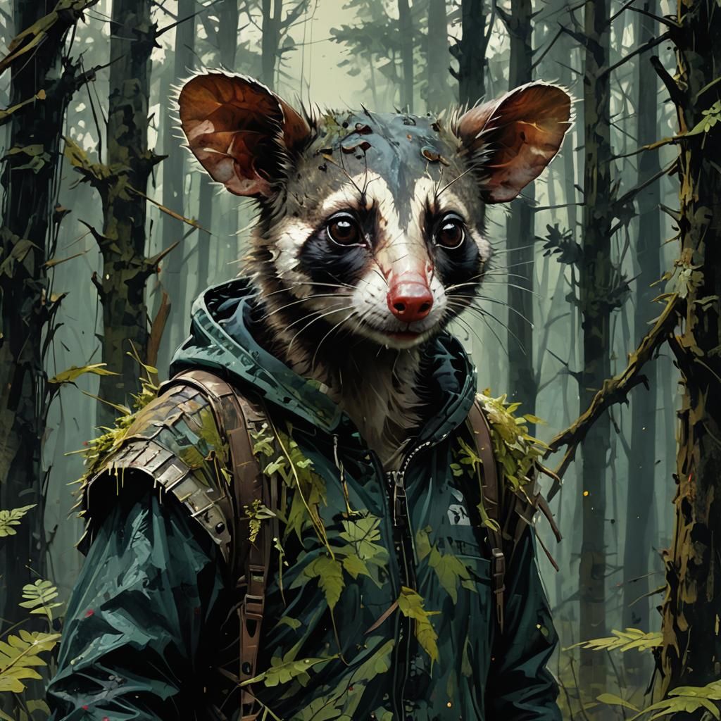 Creepy Possum Portrait in Dark Forest