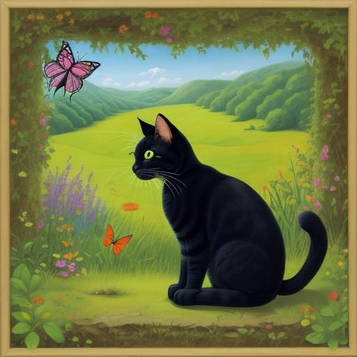 Cat Watching Butterfly in Verdant Landscape
