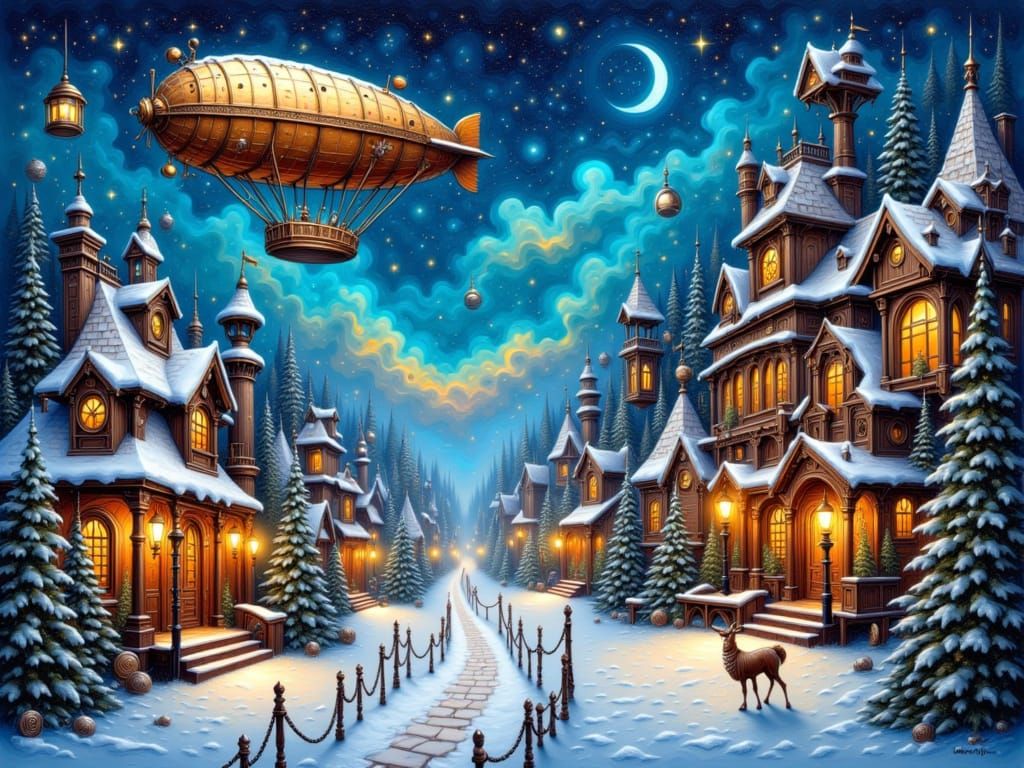 Whimsical Steampunk Christmas Village Card