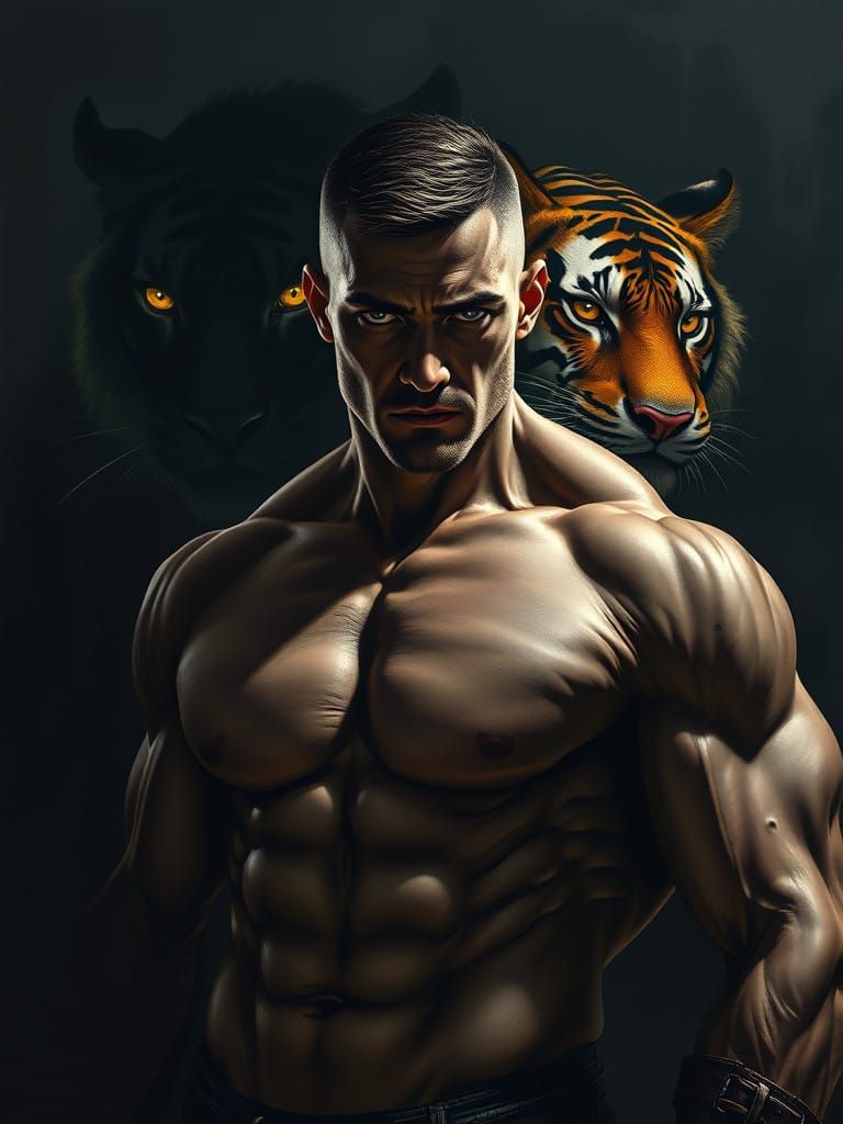 Heroic Warrior Unleashes Fierce Tiger Spirit in Dark Fantasy...