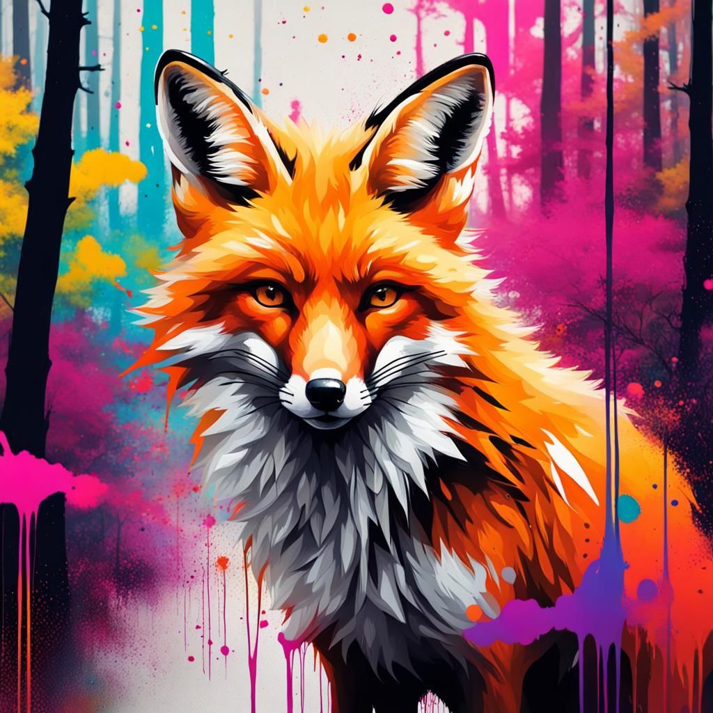 Fox in Forest Color Splash Painting