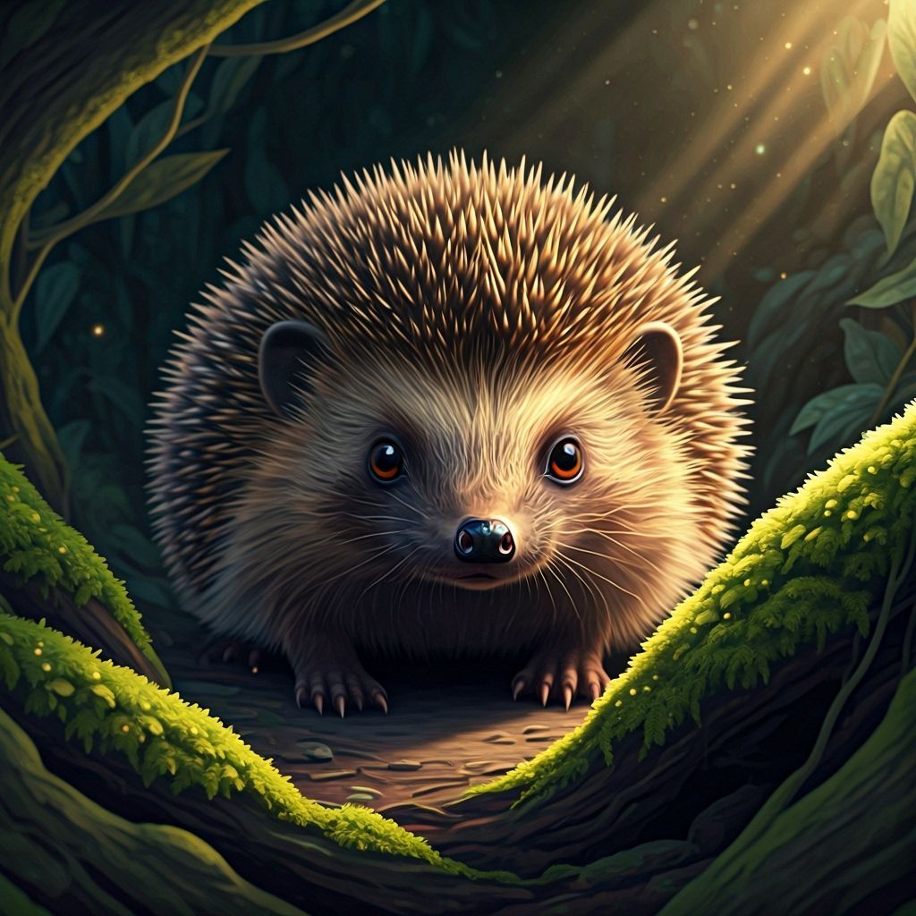Brambleth the Hedgehog in Shadowy Woodland, Storybook Style
