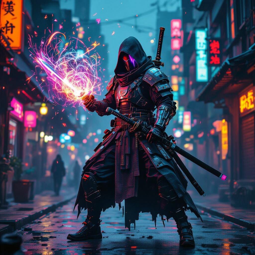 Cyberpunk Wizard Casting Spells in Neon Cityscape