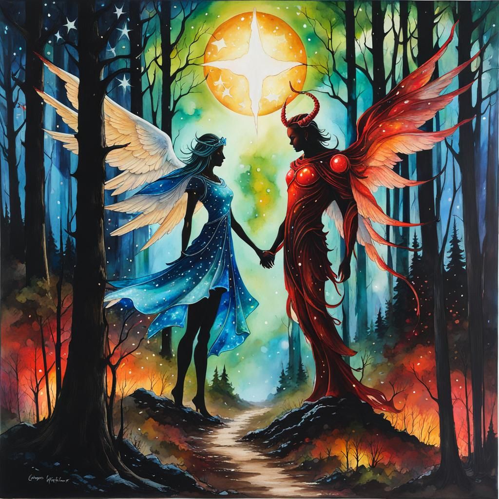 Demon and Angel on Forest Trail in Alcohol Ink