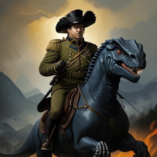Napoleon Rides Armored T-Rex: Impasto Oil Painting