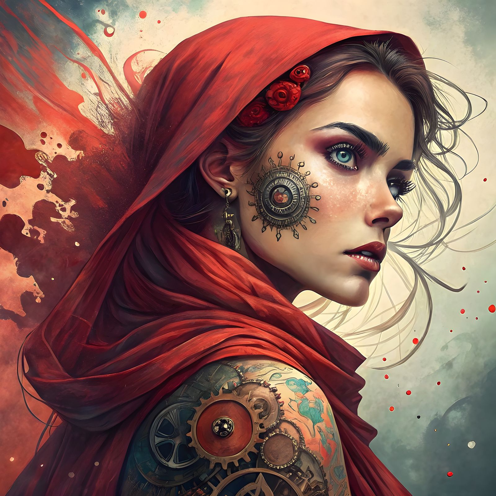 Steampunk Woman with Mechanical Tattoo Portrait