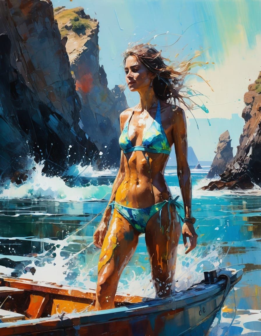 Woman in Bioluminescent Bikini on Boat, Coastal Scenery
