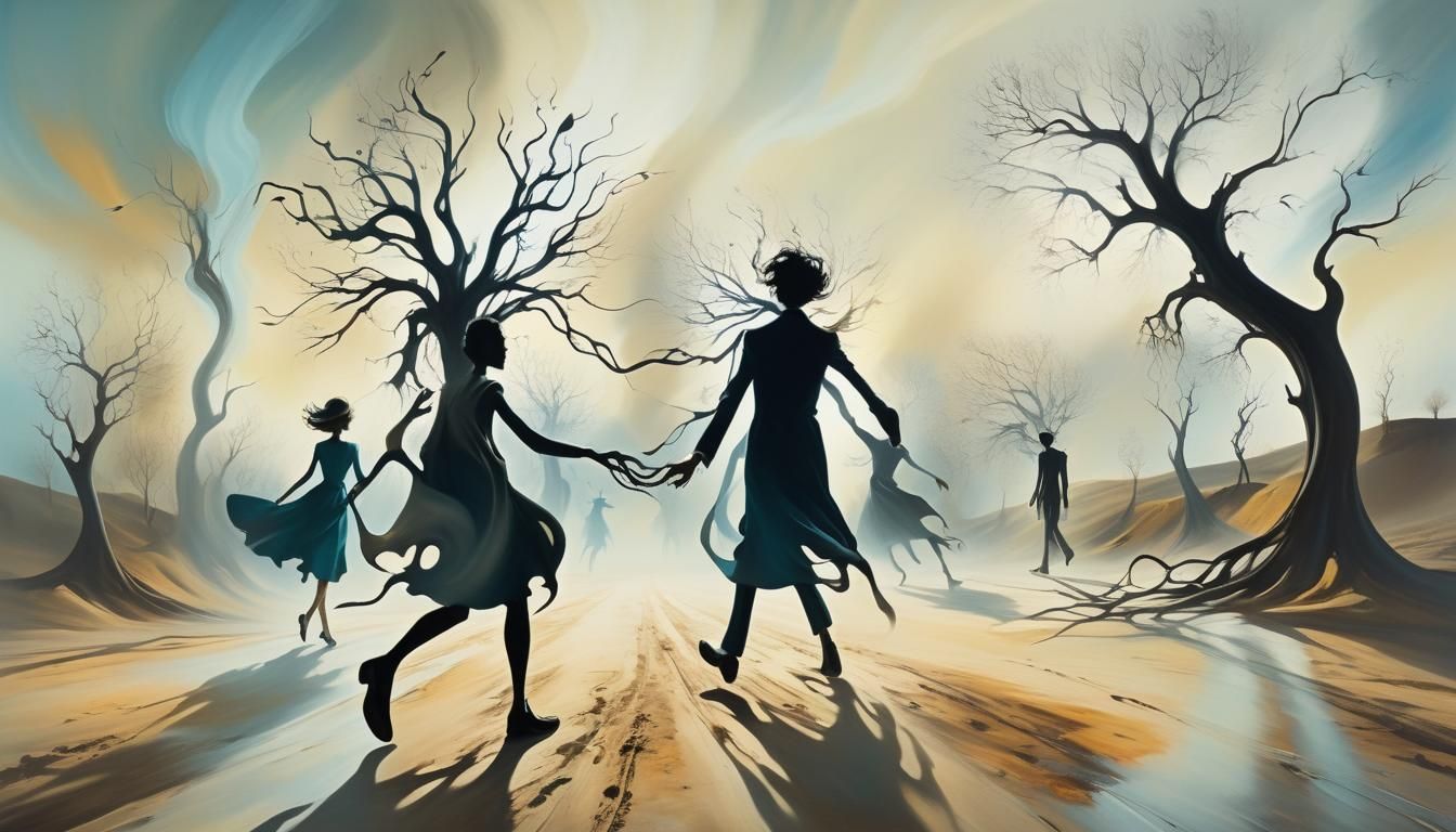 Surreal Figures Chase in Dreamlike Landscape