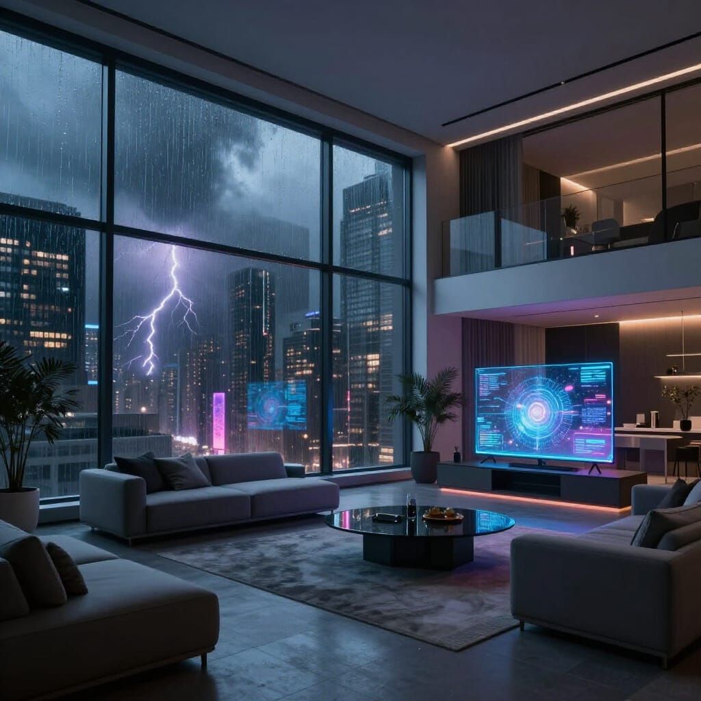 Futuristic Apartment Interior on Stormy City Night