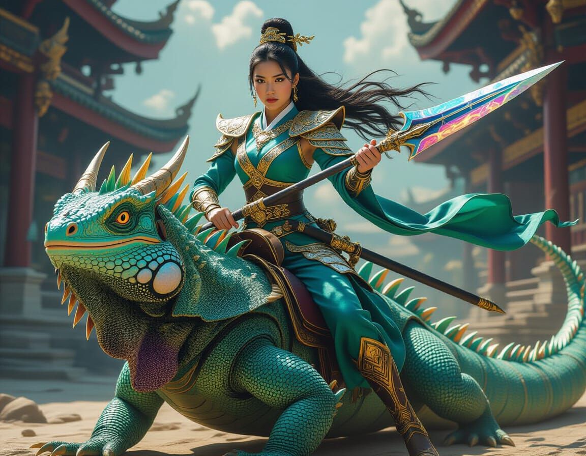 Korean-Thai Princess Rides Dragon Iguana in Hyperreal Style