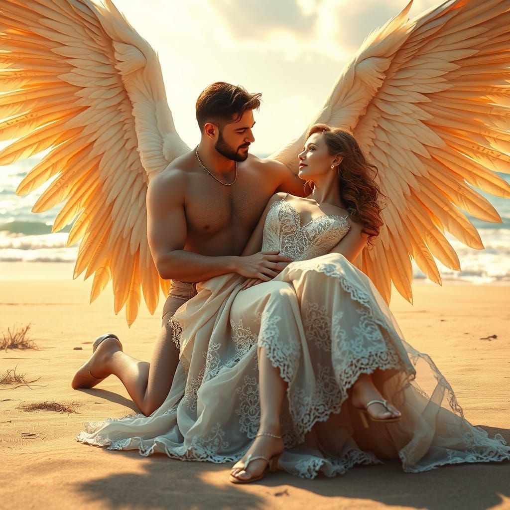 Majestic Angel Holds Adored Woman on Beach in Realistic Fant...