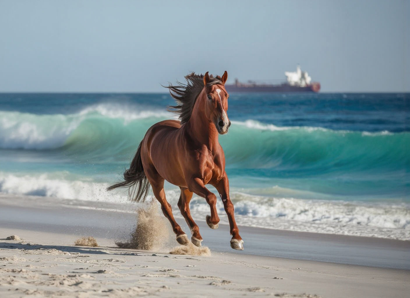 Red Horse Gallops on Beach with Ocean Waves