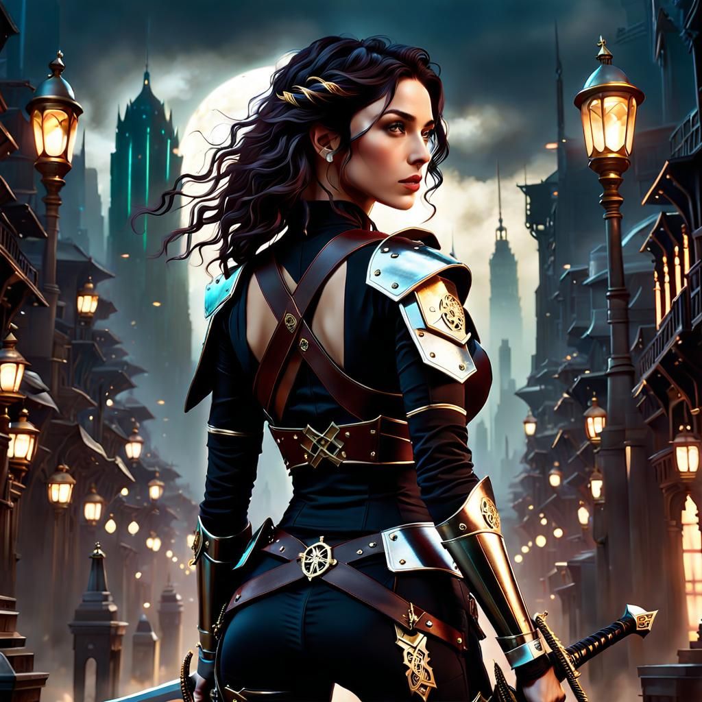 Steampunk Woman with Swords in Wild West Setting
