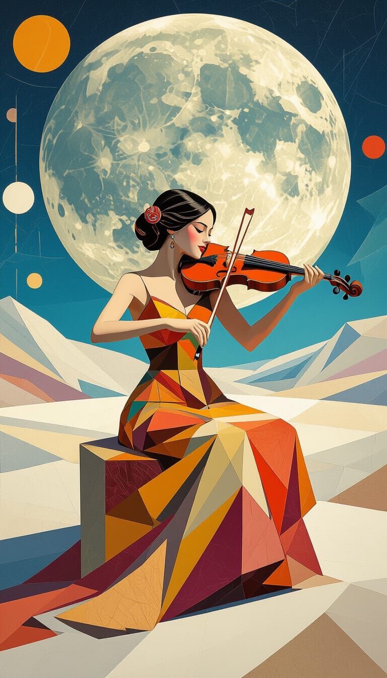 Woman Plays Violin on Moon Amidst Geometric Art Deco Pattern...