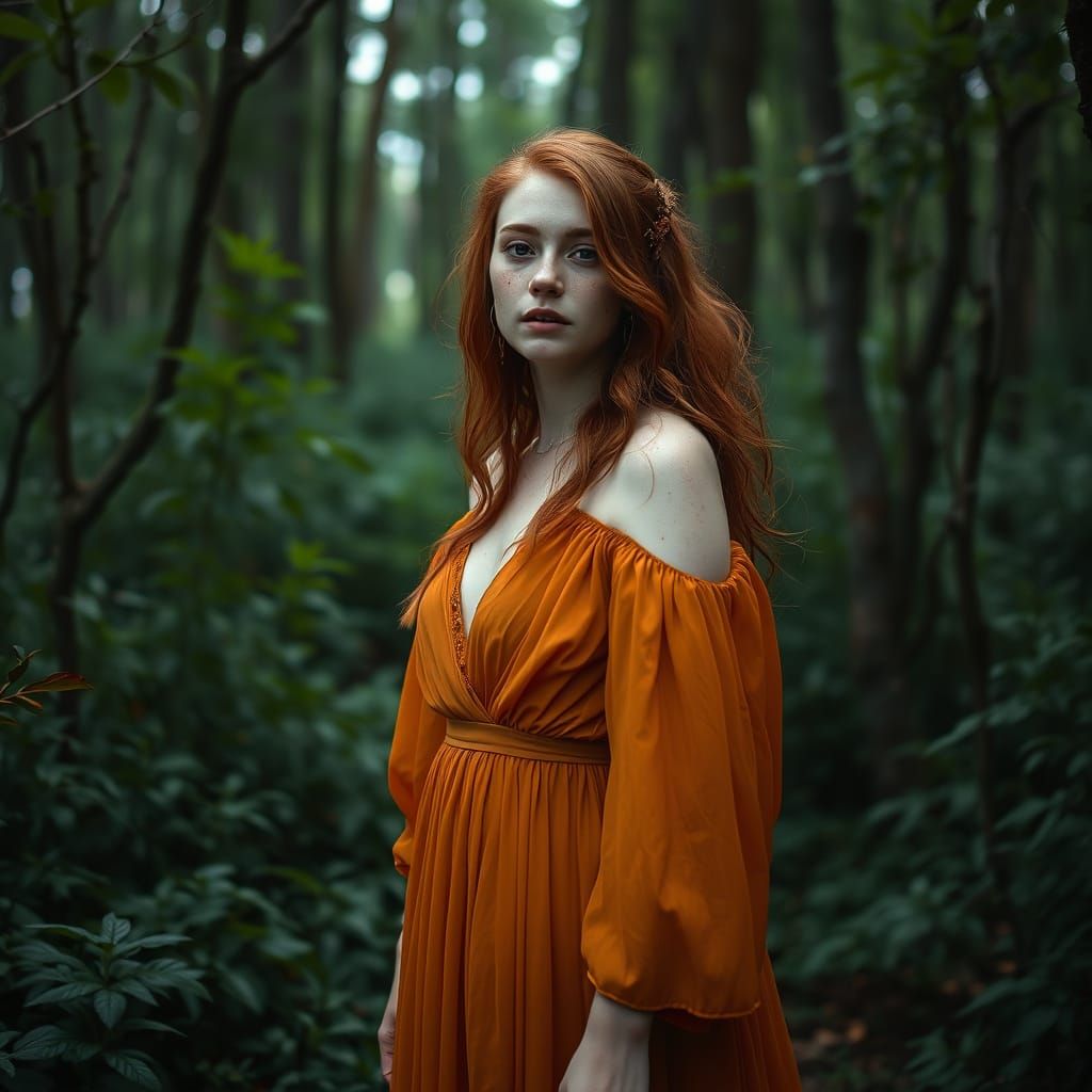 Mystical Ginger Woman in Forest, Analog Photography Style