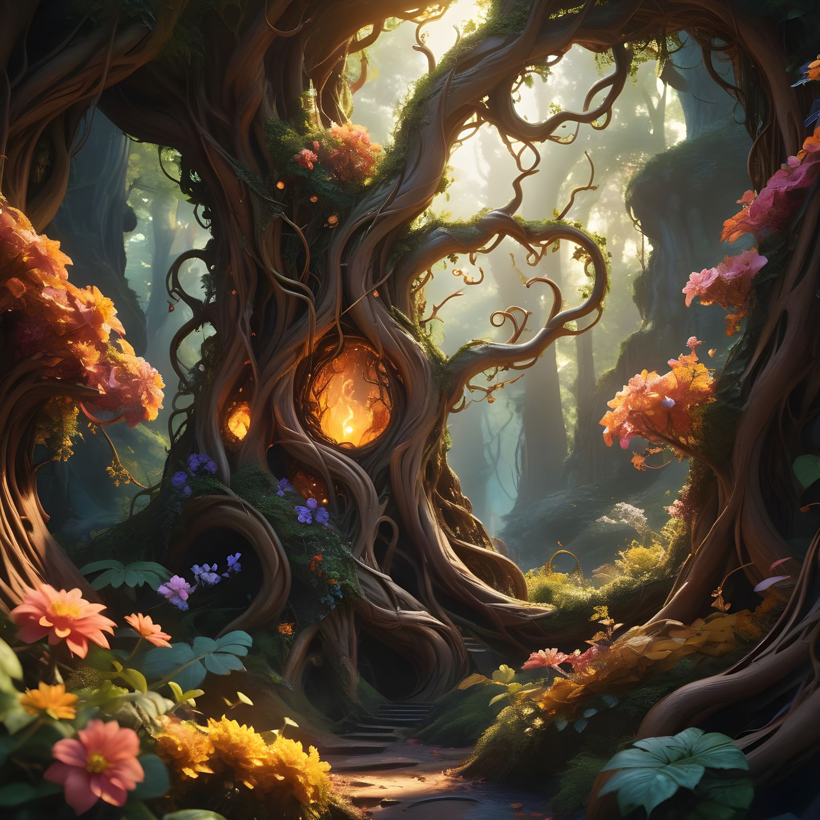 Elemental Wood Amidst Vibrant Forest: Matte Painting