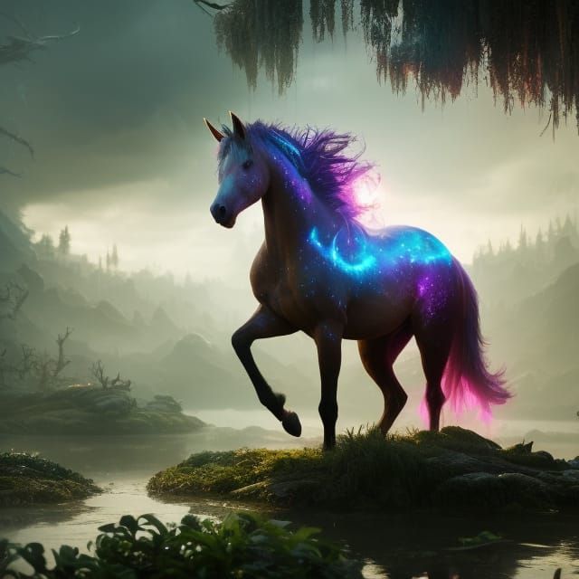 Starlight Unicorn in Swamp: Hyperrealistic Digital Art