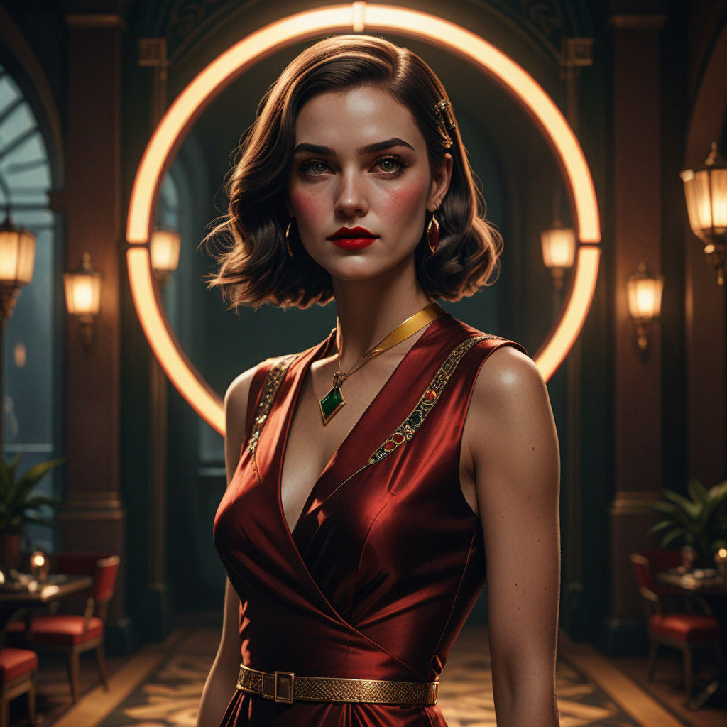 Ethereal Art Deco Beauty in Crimson and Emerald