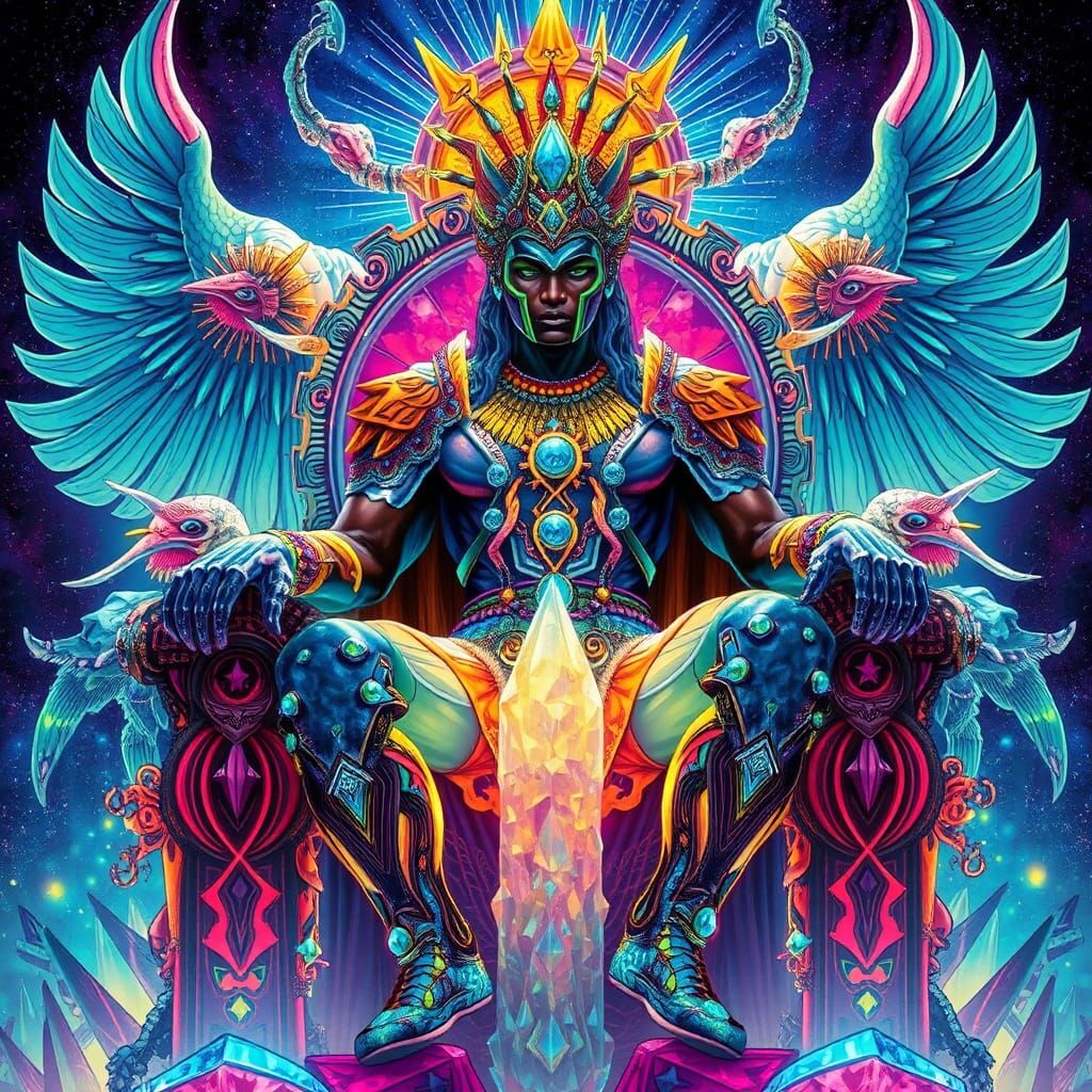 Afrofuturist Warrior on Crystal Throne in Digital Art