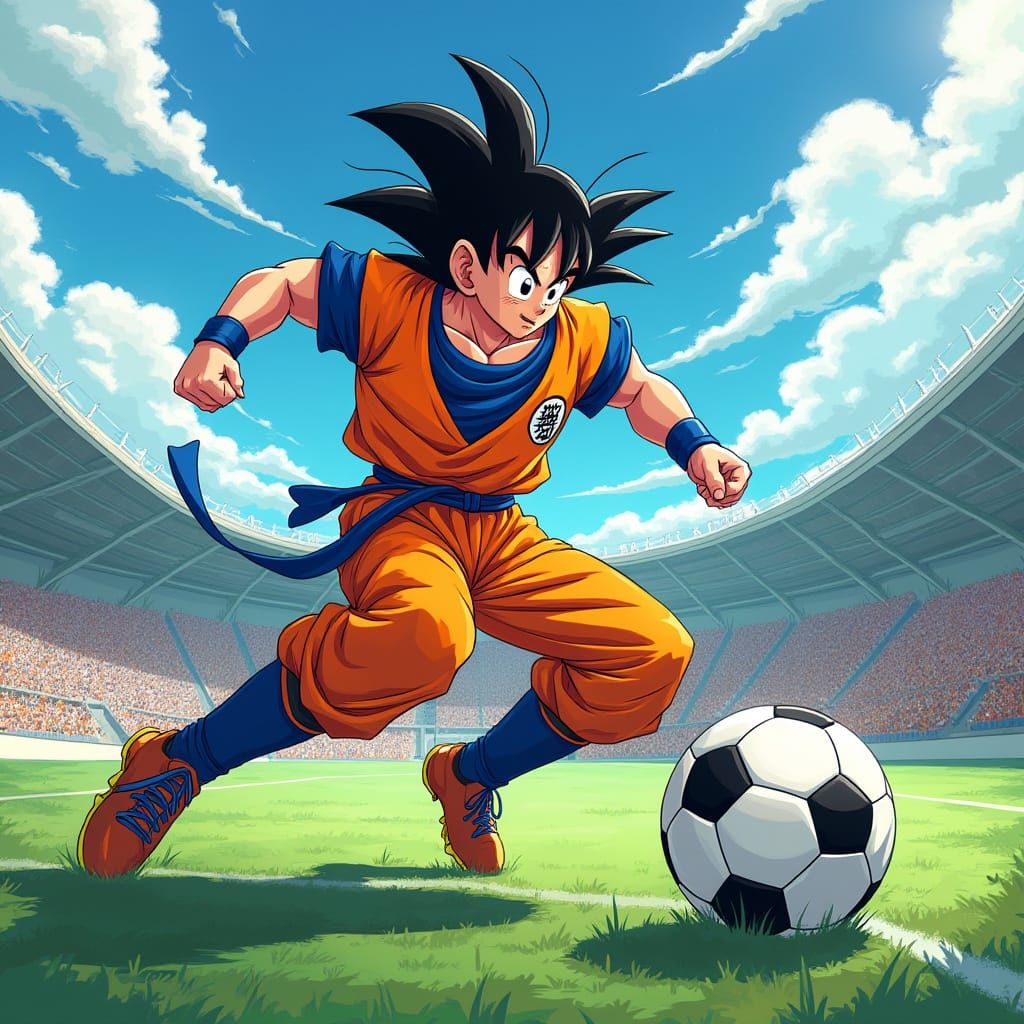 Goku's Epic Soccer Kick in Vibrant Brazilian Stadium