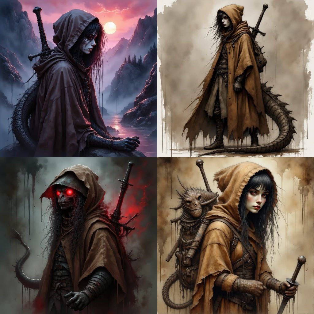 Humanoid with Dragon Tail and Sword in Poncho Hoodie