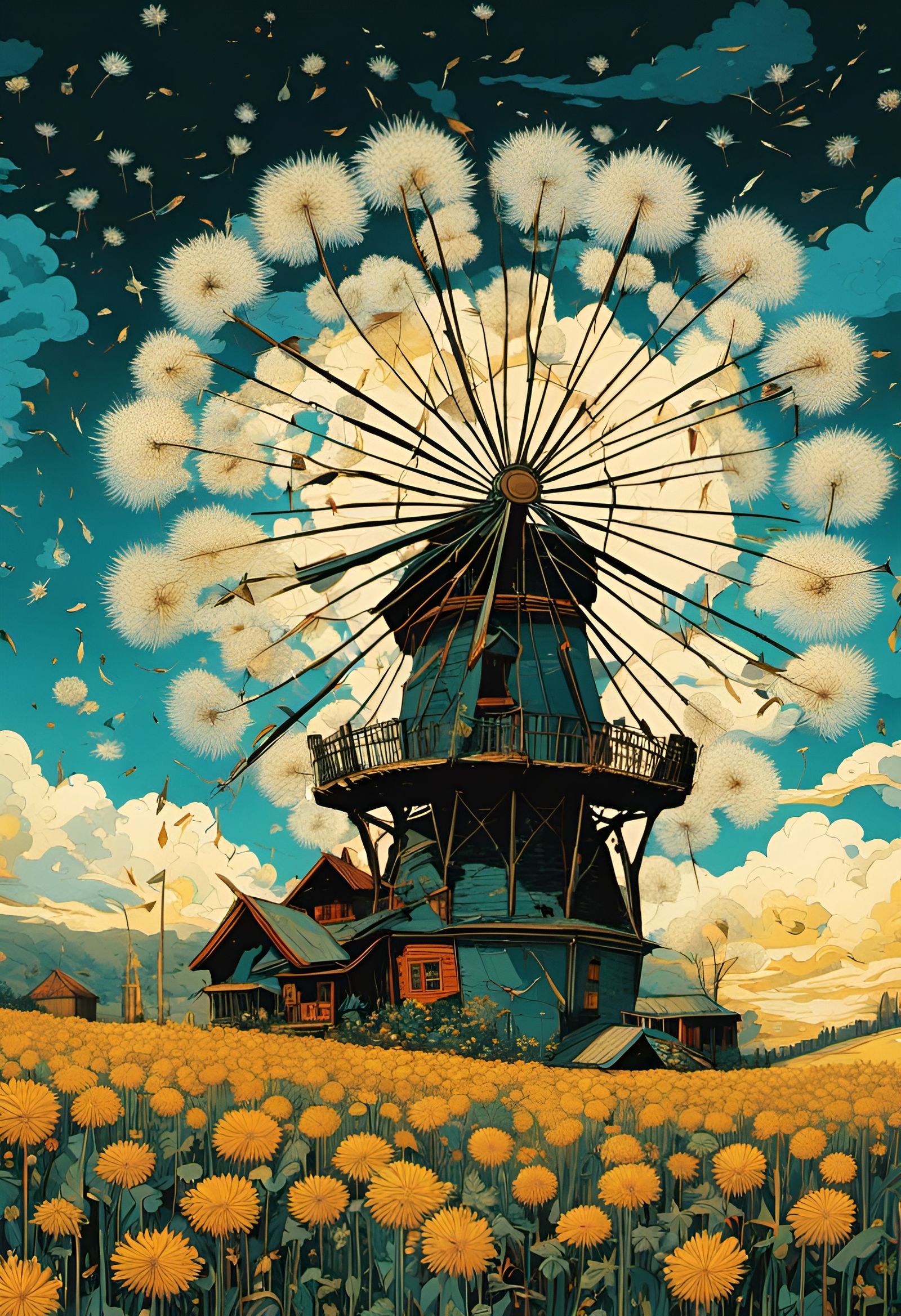 Dandelion Windmill with Flying Petals in Vibrant Colors