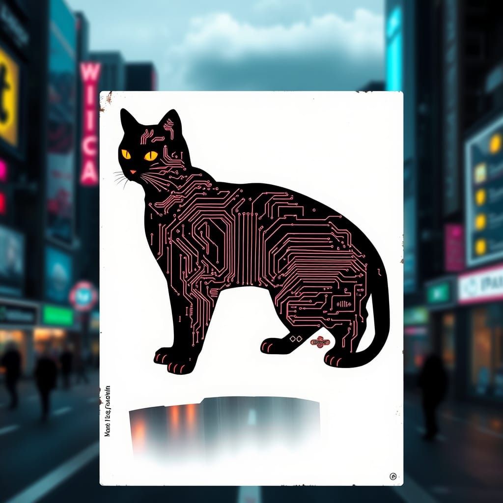 Cyberpunk Cat Silhouette Stencil on White Canvas