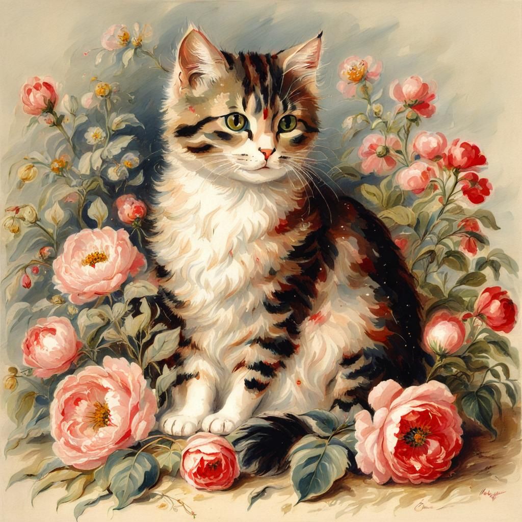 Cat on Pillow Surrounded by Flowers and Lights